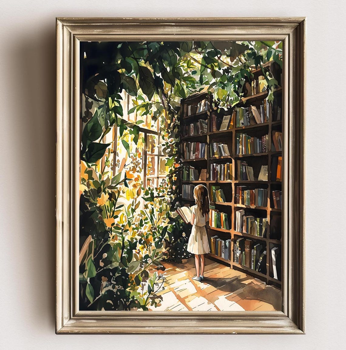 Girl Reading Bookshelf Greenhouse Sunlight Leafy Corner Art Poster
