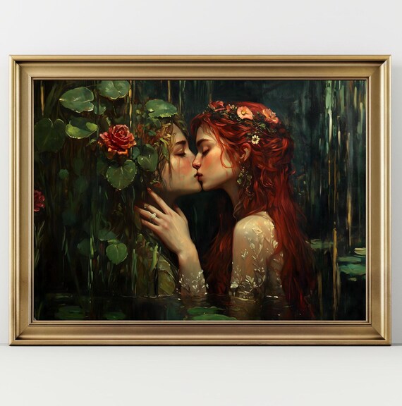Sapphic Lovers Kissing In Dark Lake Lily Pond Roses Romantic Gothic Art Poster