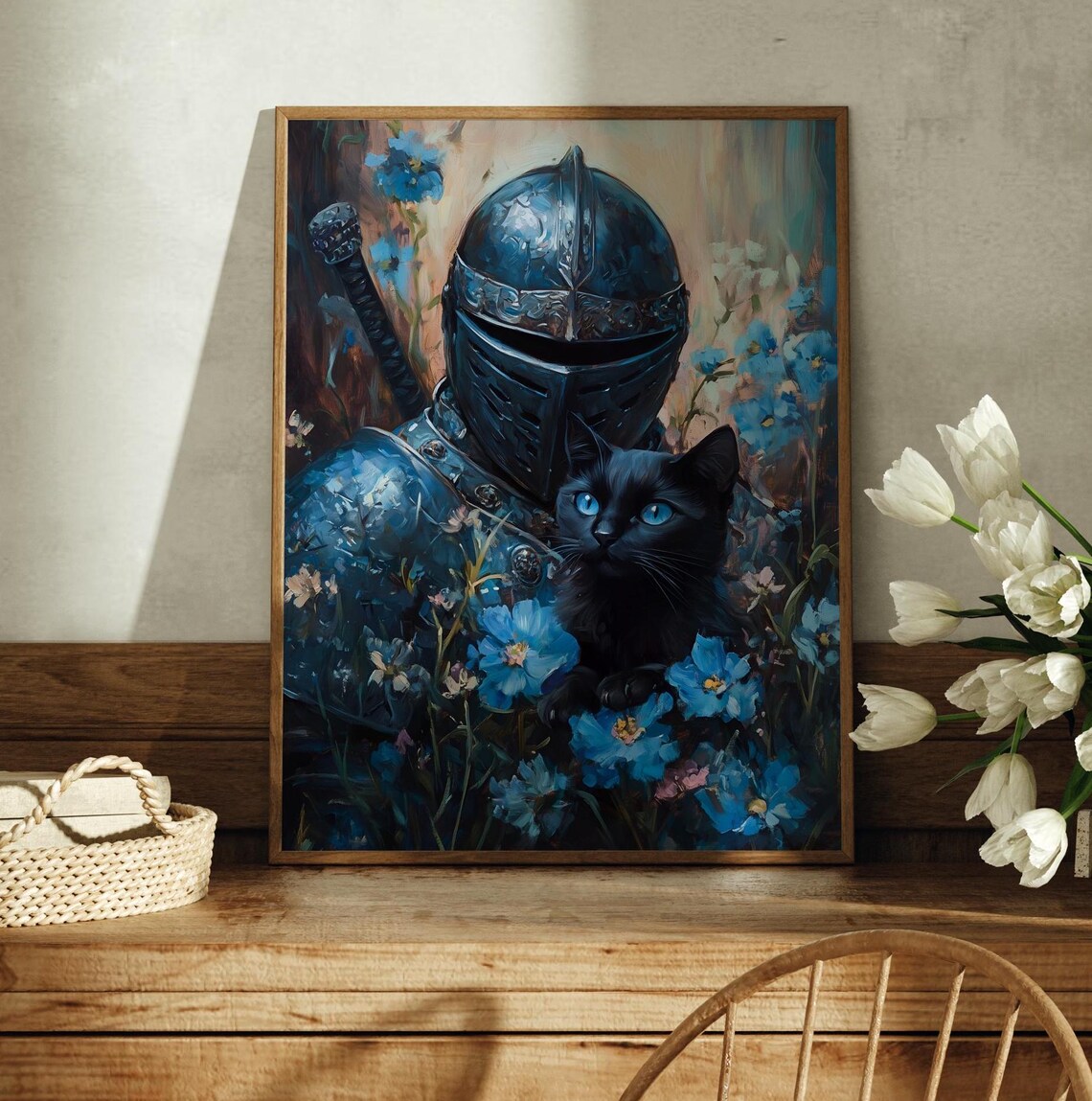 Blue Knight In Armor With Black Cat Blue Flowers Knightcore Fantasy Poster - Image 3