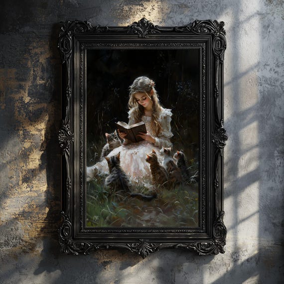 Reading A Book With Cats Bookish Art Print Wildflowers Dark Academia Book Lovers Art Library Art Bookish Whimsical Decor