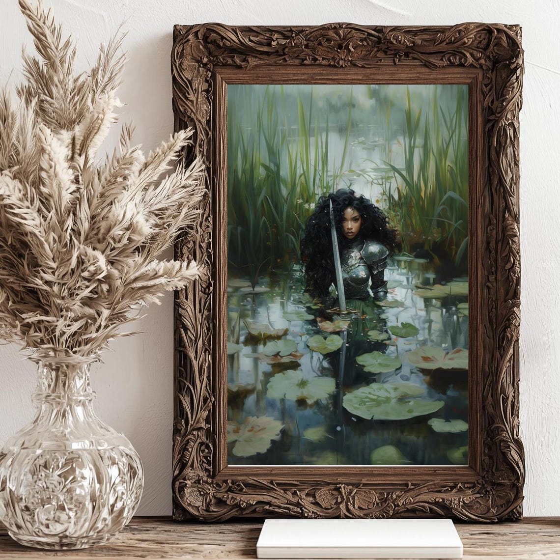 Female Knight Victorian Decor Dark Academia Print The Lake Goth Moody Victorian Wall Art Dark Decor Aesthetic Woman With Sword Print