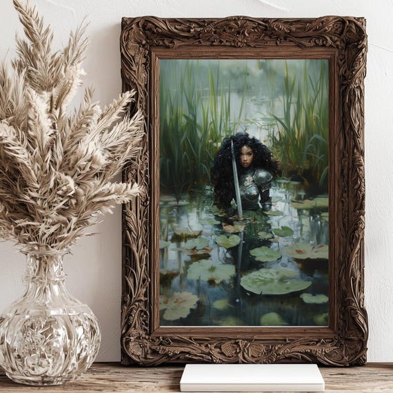 Female Knight Victorian Decor Dark Academia Print The Lake Goth Moody Victorian Wall Art Dark Decor Aesthetic Woman With Sword Print
