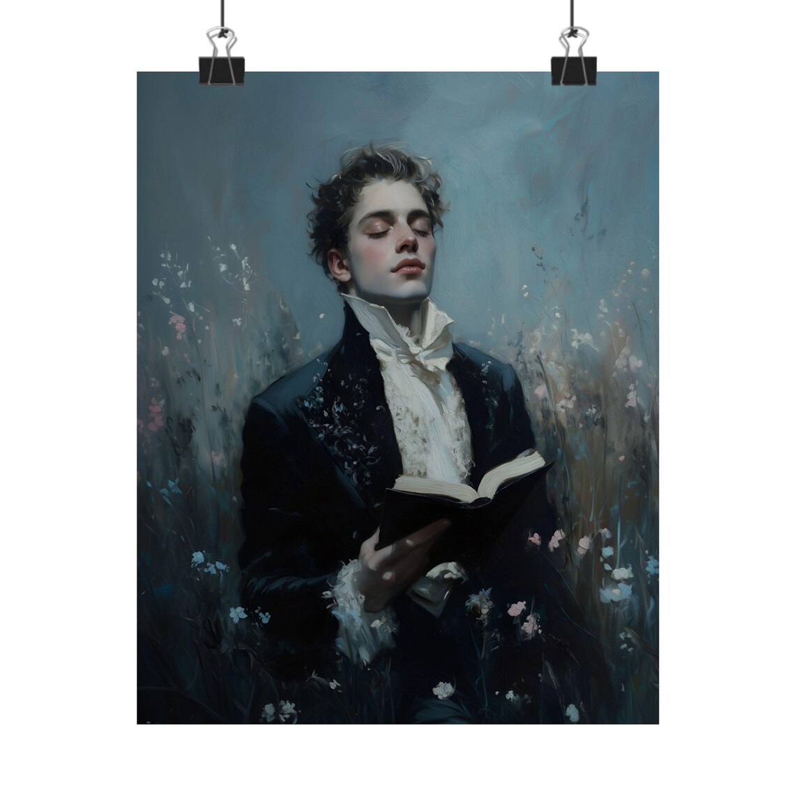 Young Victorian Gentleman Reading Book Moody Blue Floral Portrait Art Poster - Image 2