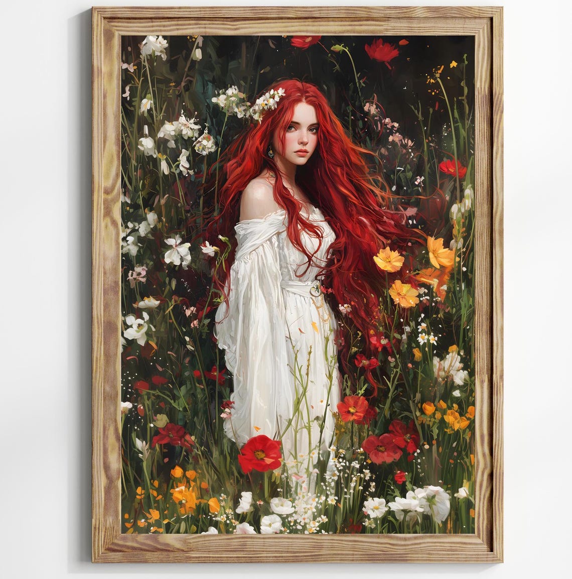 Red Haired Maiden In Wildflower Meadow White Dress Floral Art Poster