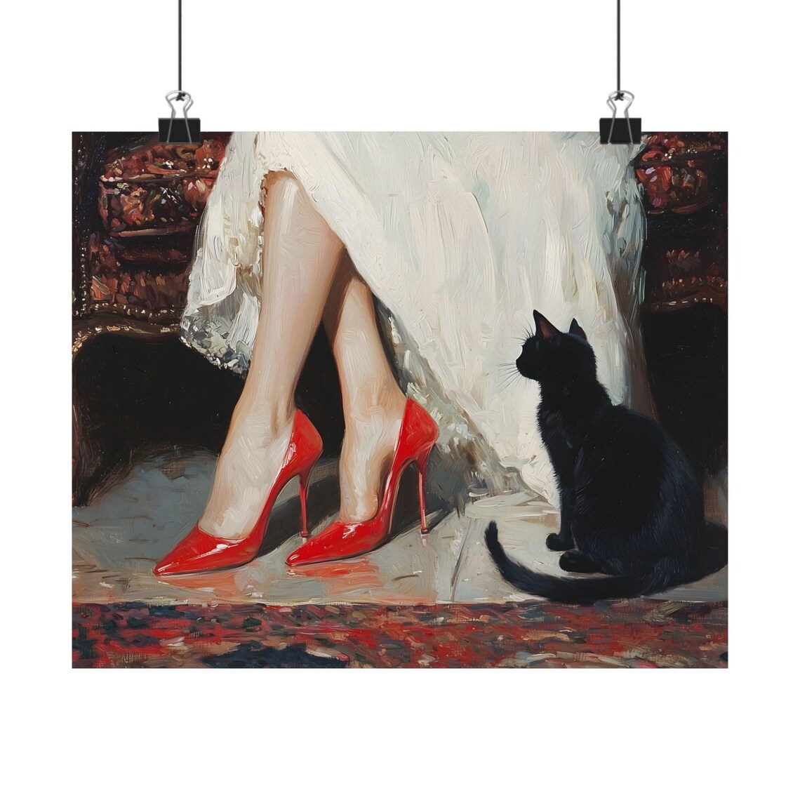Victorian Woman Red Heels Black Cat Oil Painting Dark Academia Art Print - Image 2