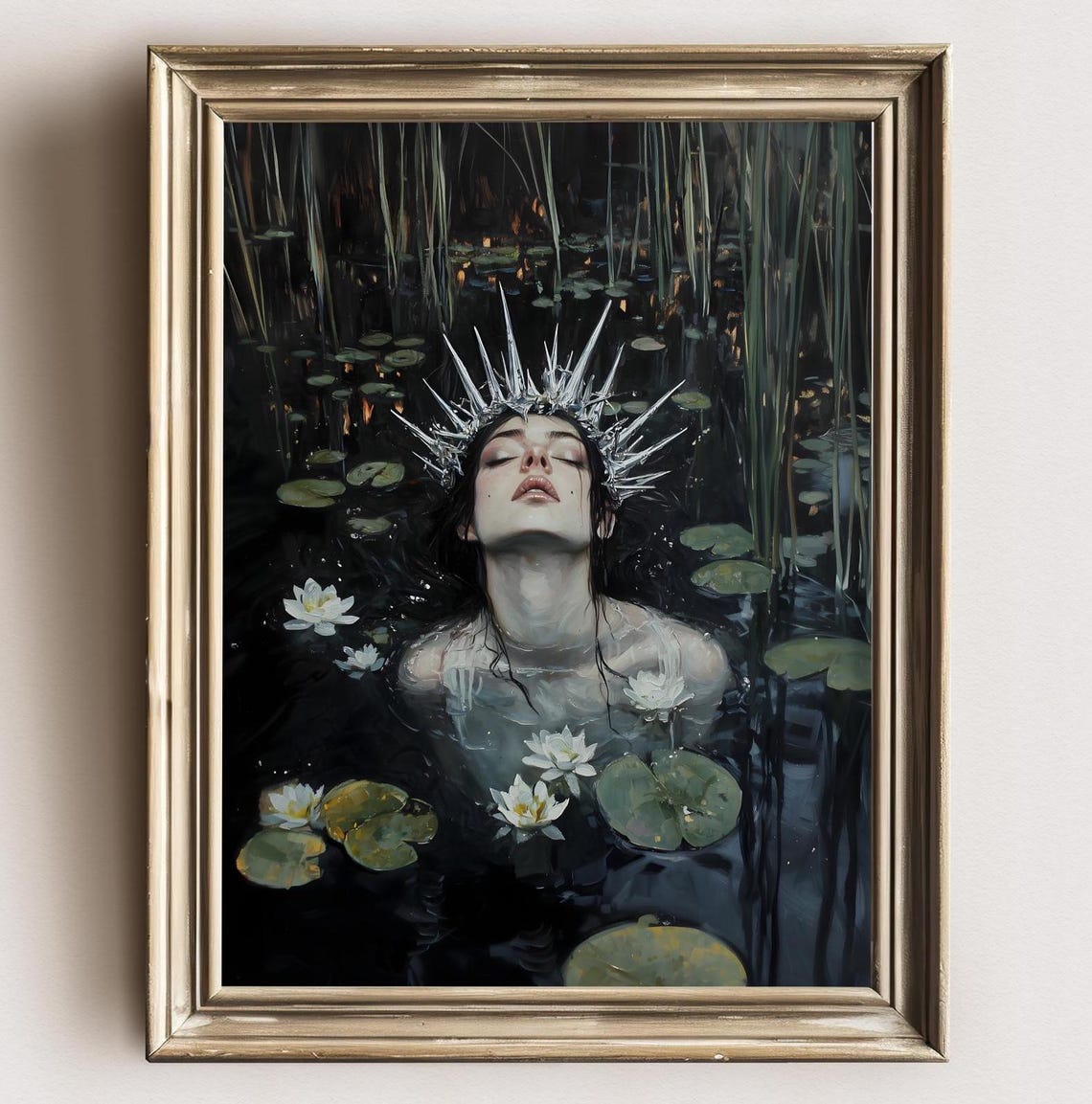 Ice Crowned Lady Floating Among White Lilies in Dark Water Print