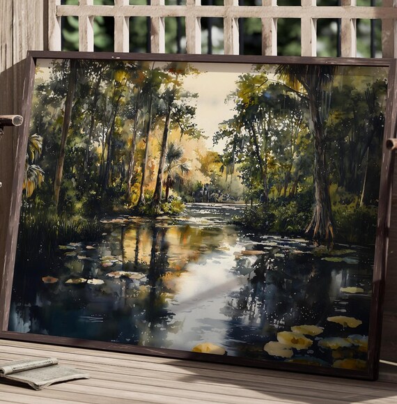 Moody Crystal River Painting Florida Art Print Forest River Watercolor Landscape Florida Wall Art Aquarell Landscape Florida Wetlands