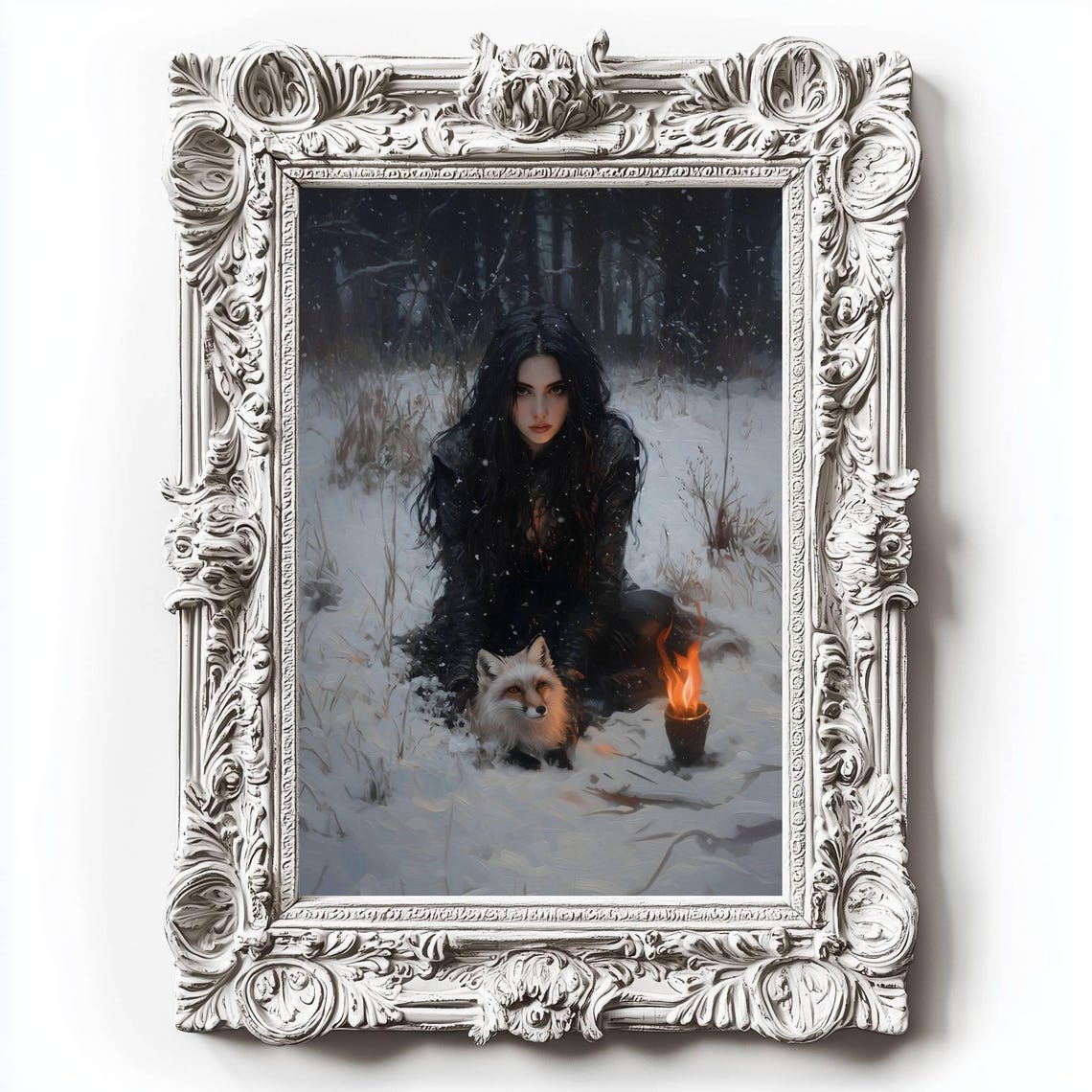 Victorian Woman White Fox Snowy Forest Candlelight Gothic Print - Image 2