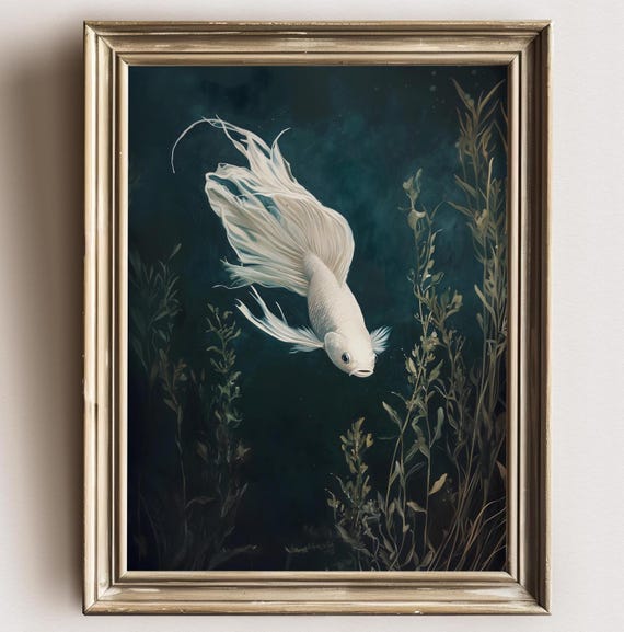White Betta Fish Watercolor Aquarium Art Print