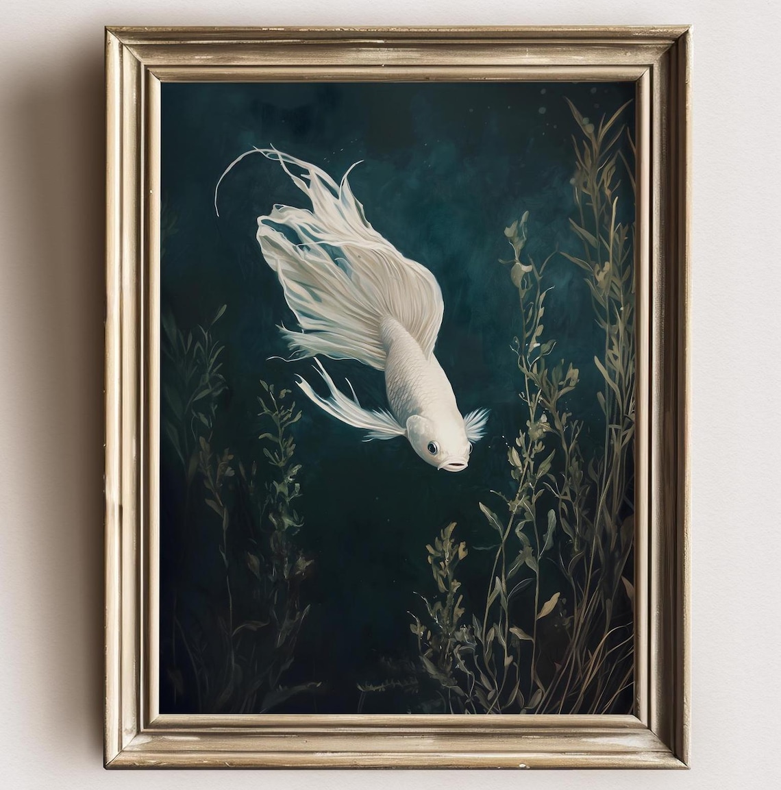 White Betta Fish Watercolor Aquarium Art Print