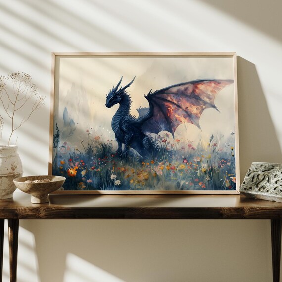 Dragon Watercolor Art Horizontal Poster Print Fantasy Art Forest And A Dragon Fantasy Painting Watercolor Illustration Dark Academia