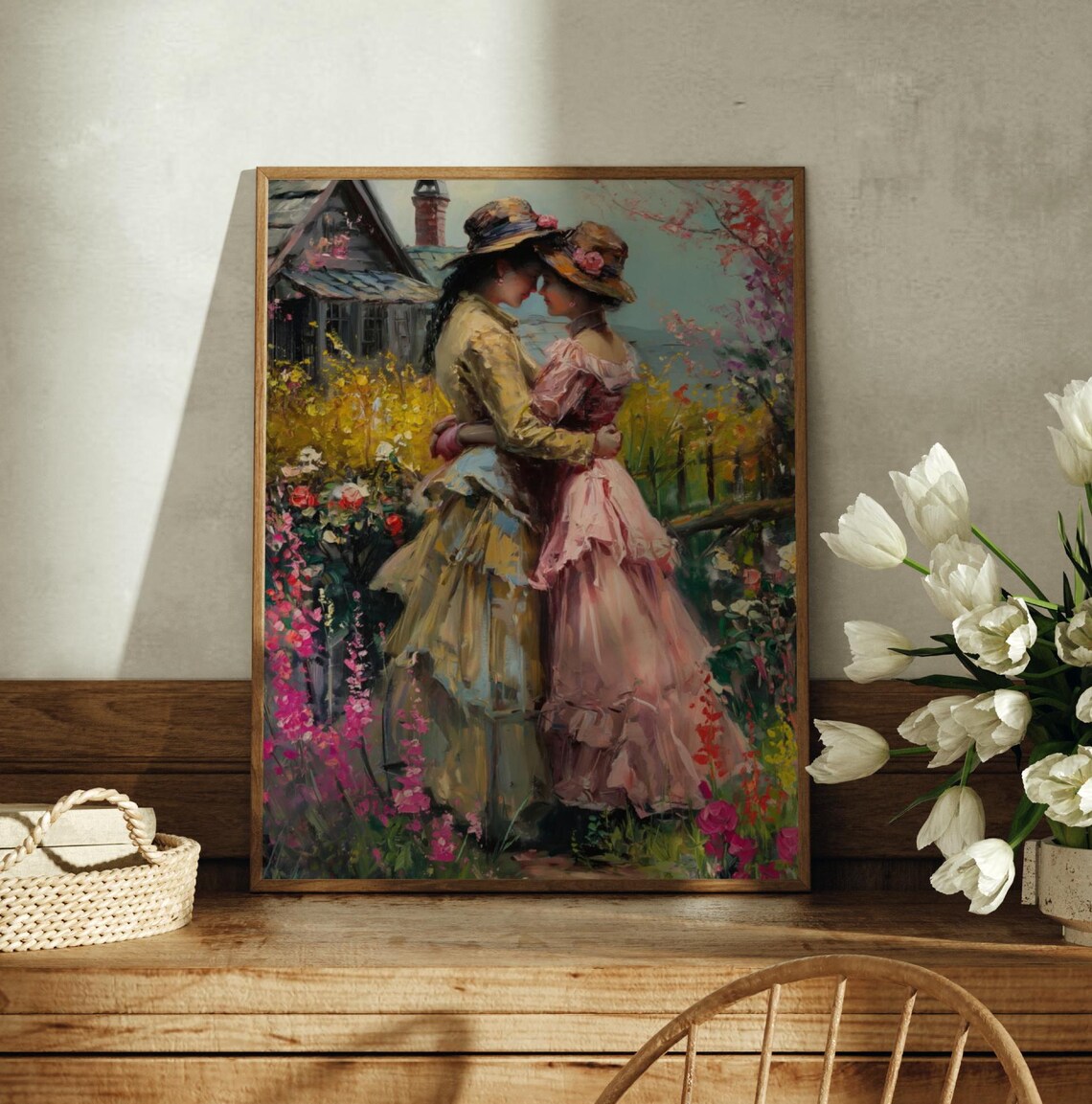 Lesbian Lovers Painting Aesthetic Art Lesbian Poster Vintage Lesbian Romantic Women Cottagecore Garden Print Farmhouse Wall Decor