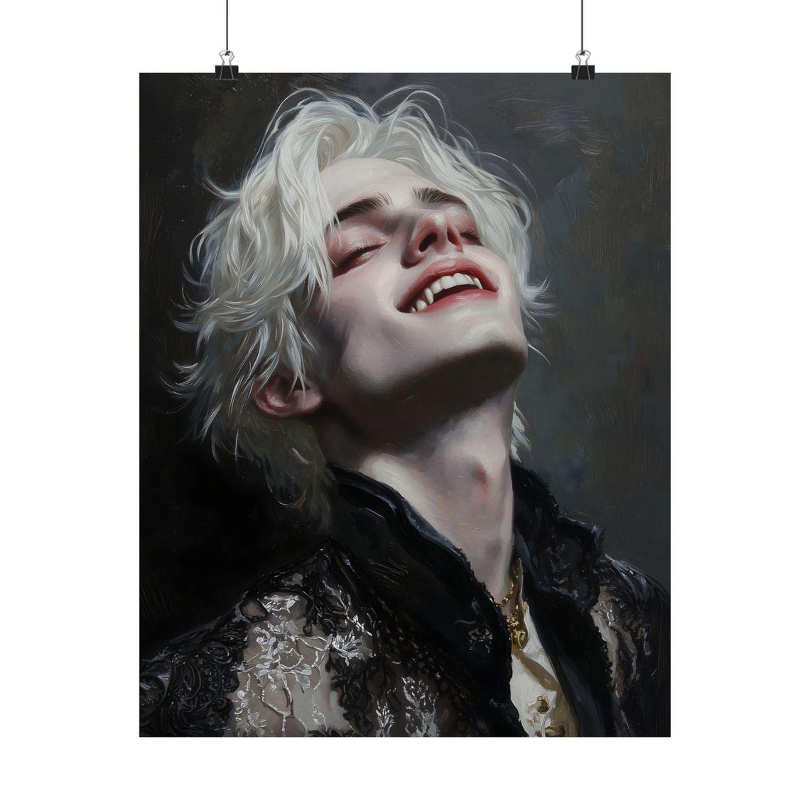 Laughing Vampire Blond Man Black Lace Coat Dark Gothic Oil Art Print - Image 2
