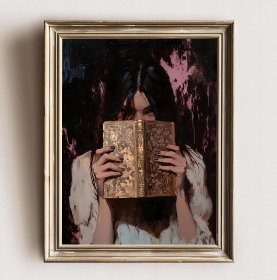 Victorian Woman Bookish Wall Art Print Dark Academia Reading Decor Librariancore Wall Art Moody Reading Nook Painting Book Lover Gift