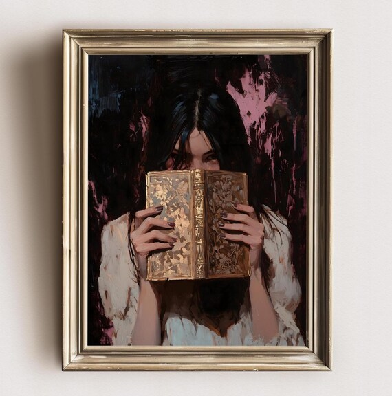 Woman Holding Gilded Antique Book Moody Pink Dark Romance Poster
