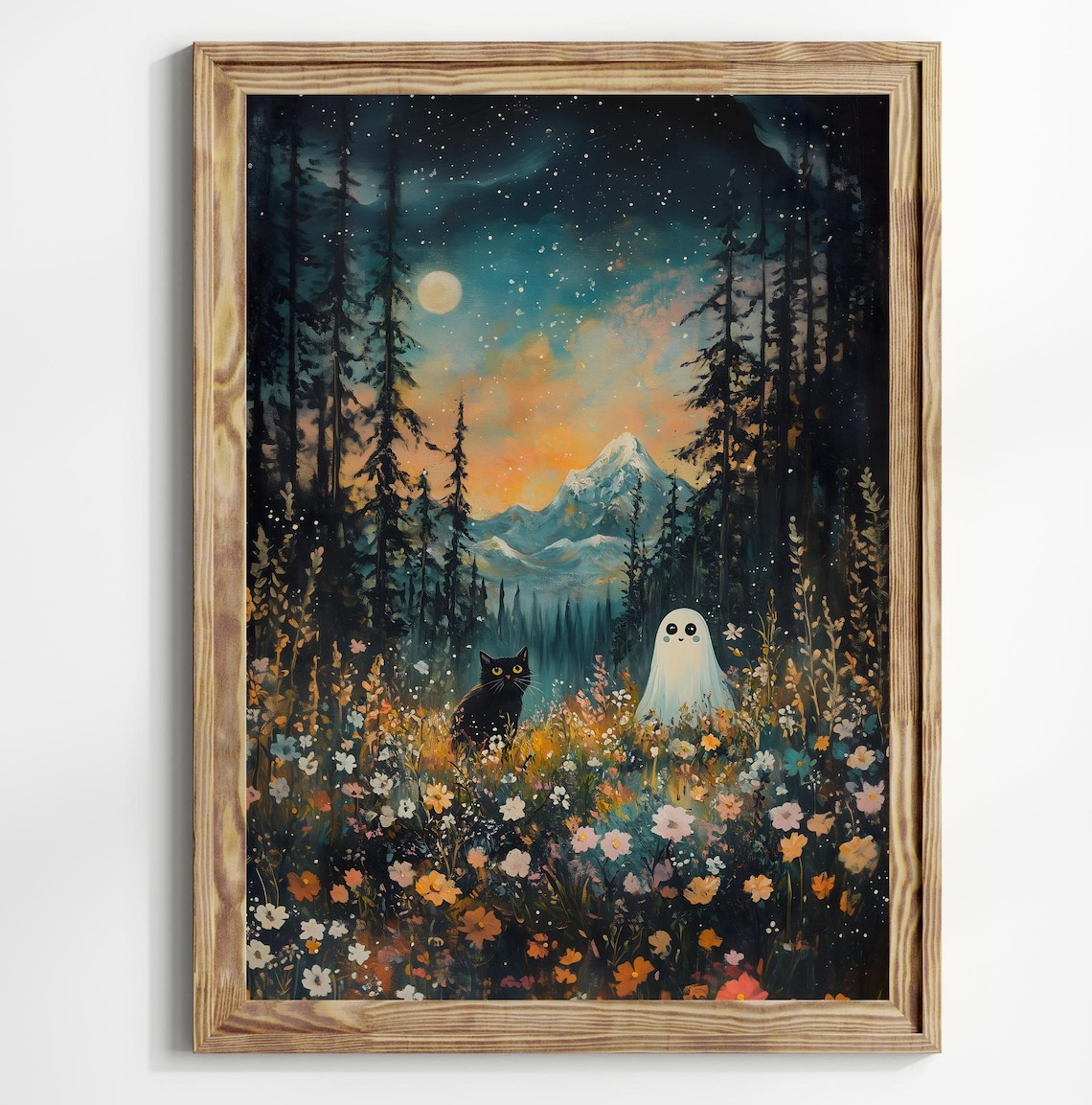 Cute Ghost And Black Cat In Wildflower Meadow Night Mountain Halloween Poster
