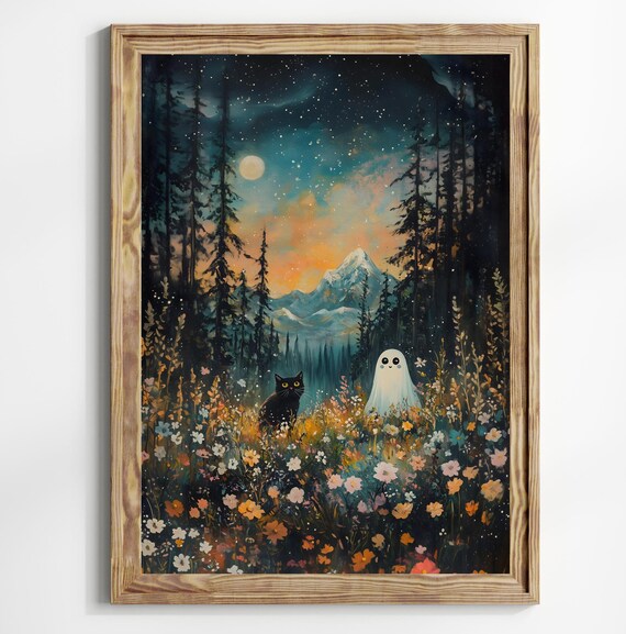 Cute Ghost And Black Cat In Wildflower Meadow Night Mountain Halloween Poster