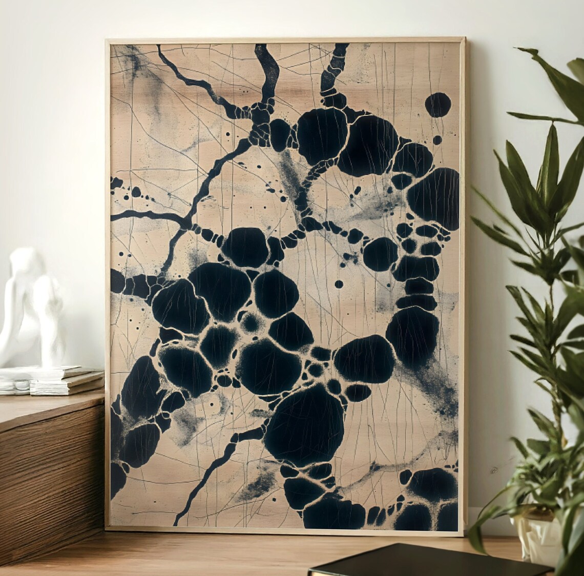 Neutral Abstract Ink Pattern, Botanical Japanese Decor