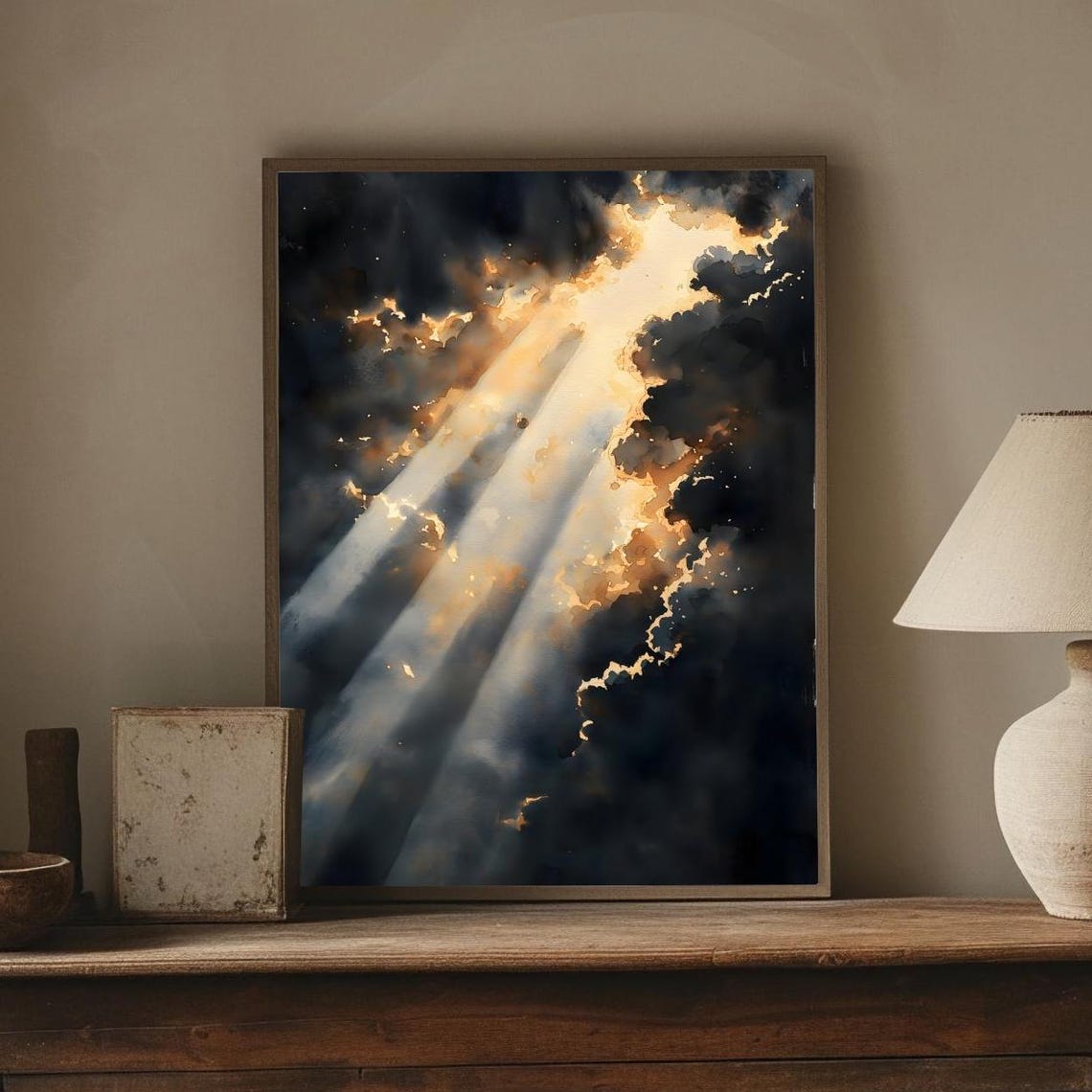 Divine Light Rays Breaking Through Dark Storm Clouds Moody Sky Poster
