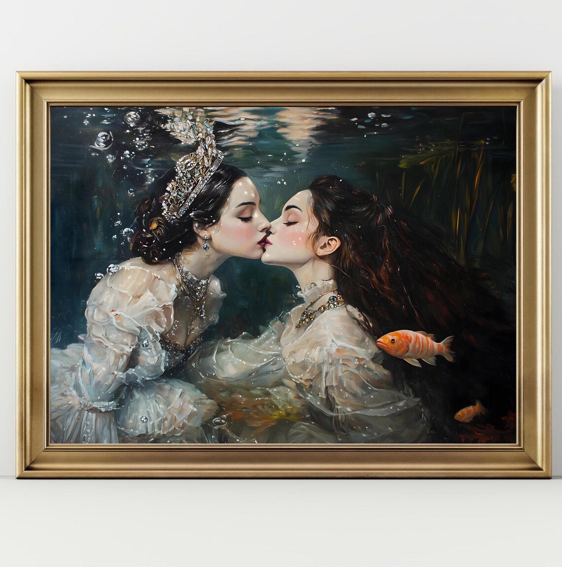 Two Crowned Women Kissing Underwater With Fish Bubbles Dark Romantic Painting Poster