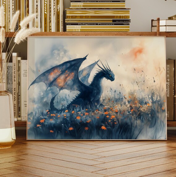 Dragon Watercolor Art Horizontal Poster Print Fantasy Art Forest And A Dragon Fantasy Painting Watercolor Illustration Dark Academia