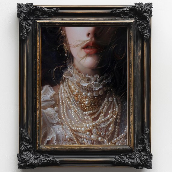 Lace And Pearls Dark Academia Victorian Art Altered Print Moody Painting Vintage Woman Print Victorian Decor Wall Art Dark Moody Antique Art