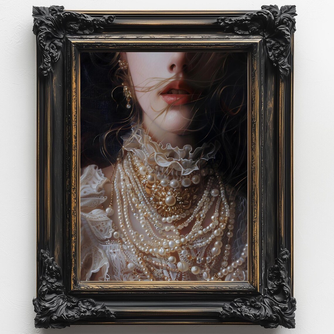 Victorian Lady Lace Collar Layered Pearls Portrait Dark Elegant Art Print