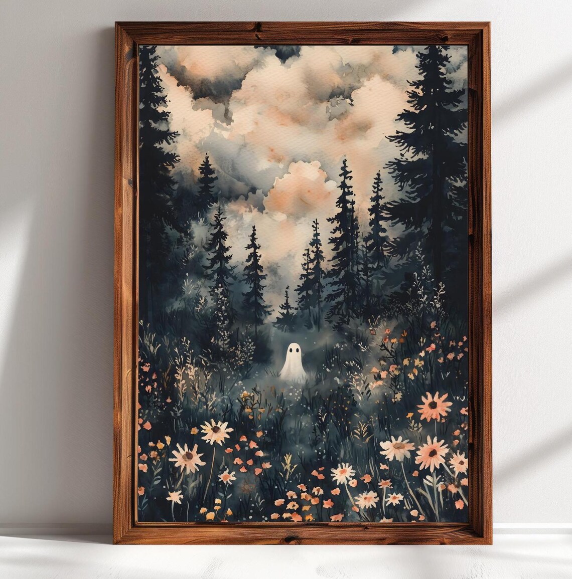 Cute Ghost In Dark Pine Forest Wildflower Meadow Dramatic Cloudy Sky Whimsical Poster - Image 2
