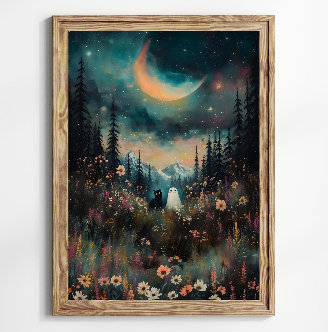 Ghost And Black Cat In Night Forest Moon Wildflowers Spooky Halloween Art Print - Image 3