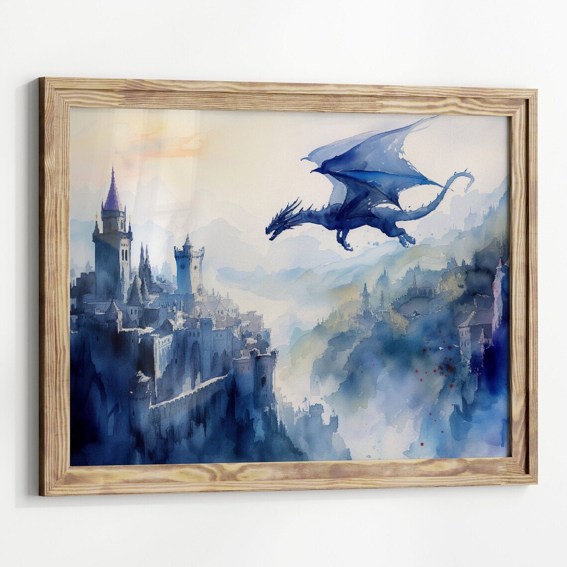 Blue Dragon Watercolor Art Print, Dark Academia