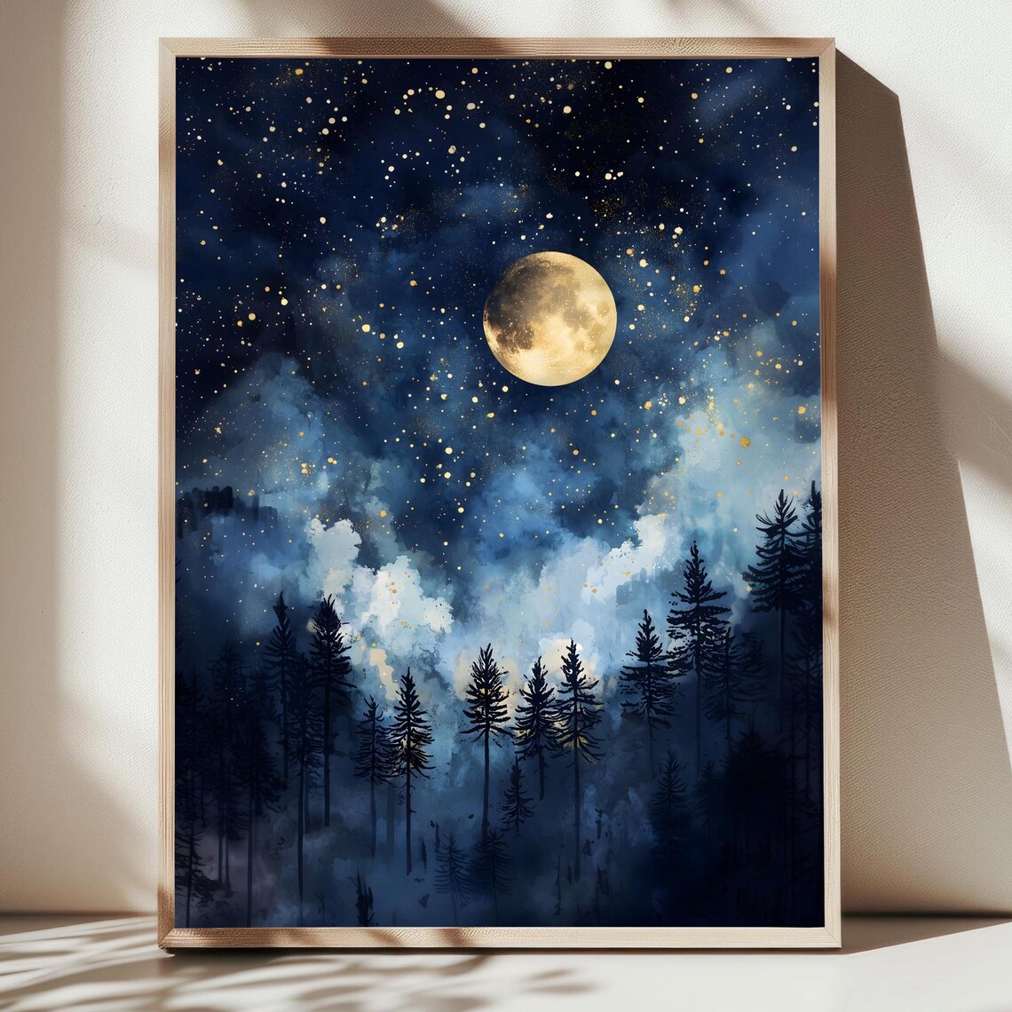 Celestial Full Moon Art Print, Moody Night Sky Stars