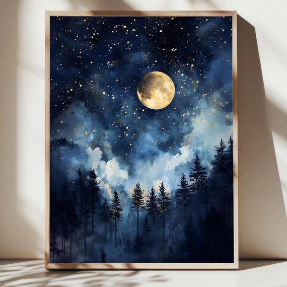 Celestial Full Moon Art Print, Moody Night Sky Stars