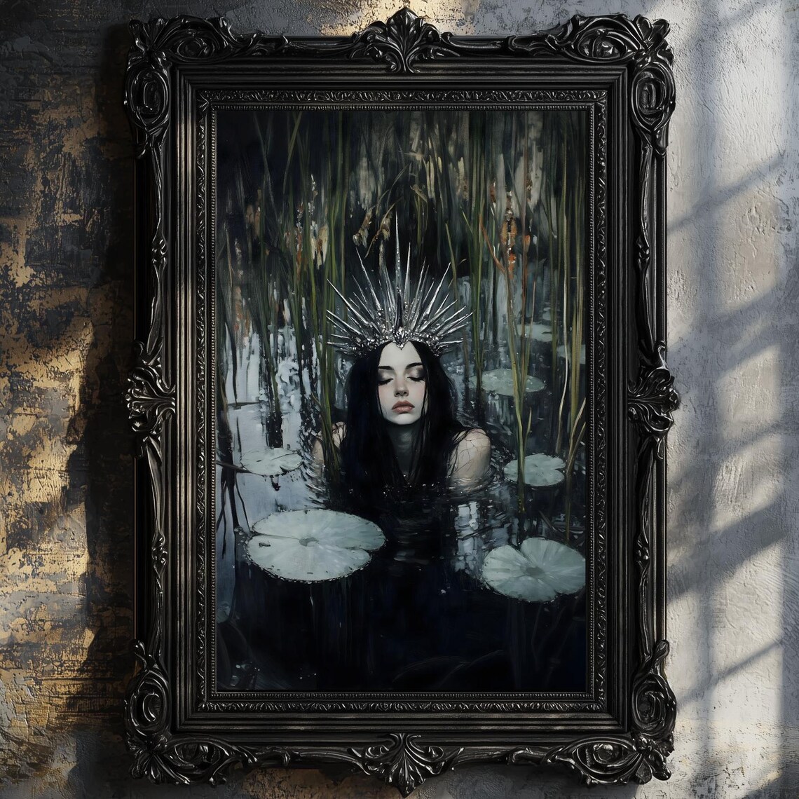 Crowned Woman Floating In Dark Reeds Lily Pond Gothic Fantasy Art Poster