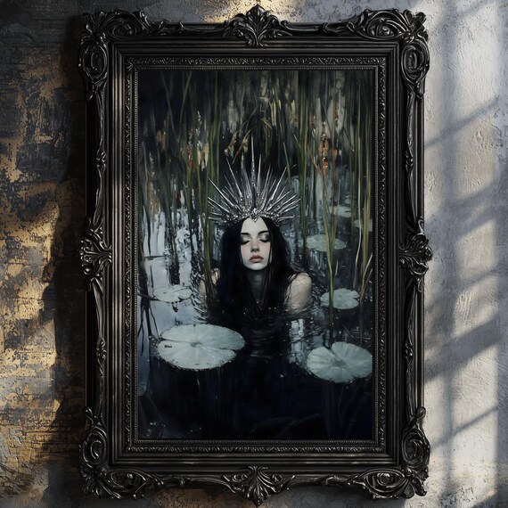 Crowned Woman Floating In Dark Reeds Lily Pond Gothic Fantasy Art Poster