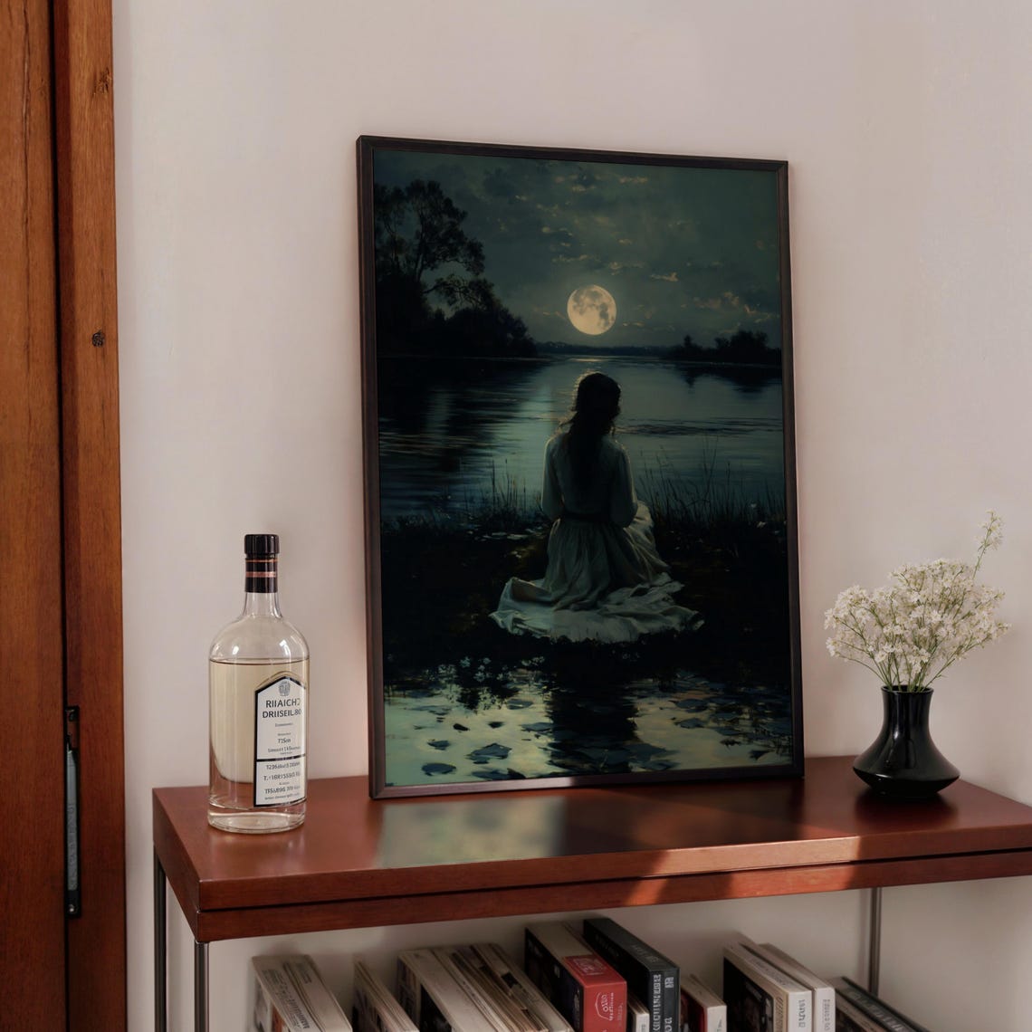Woman In White Dress By Moonlit Lake Full Moon Night Dark Art Poster