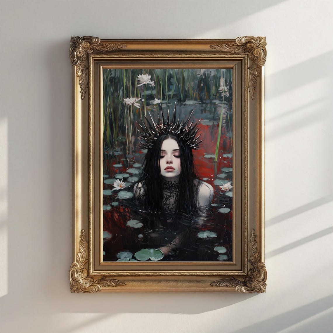 Thorn Crowned Lady in Dark Red Water Lily Pond Gothic Art Print - Image 2