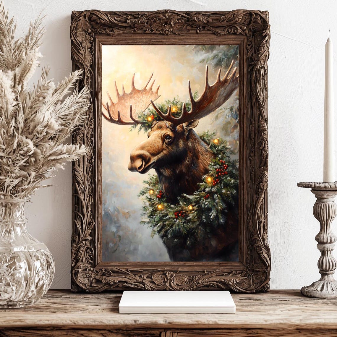 Moose Wearing Evergreen Christmas Wreath Snowy Winter Wildlife Poster