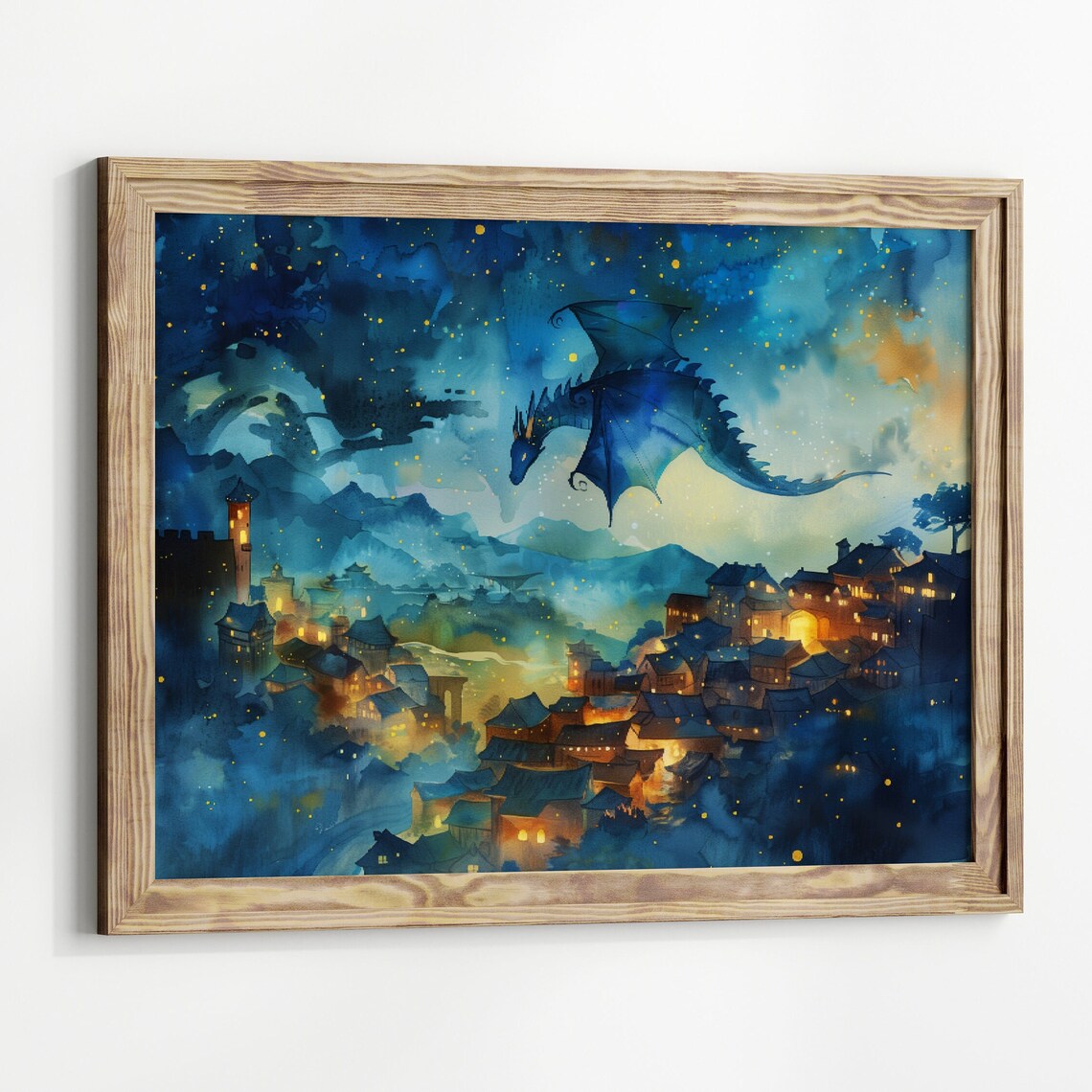 Blue Dragon Watercolor Art Poster, Dark Academia