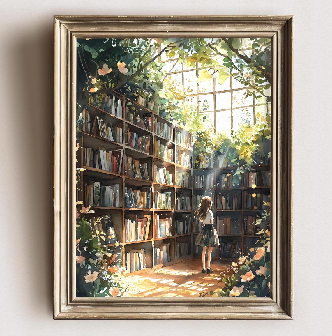Anime Girl Reading Library Corner Sunlit Window Flowers Art Poster - Image 2