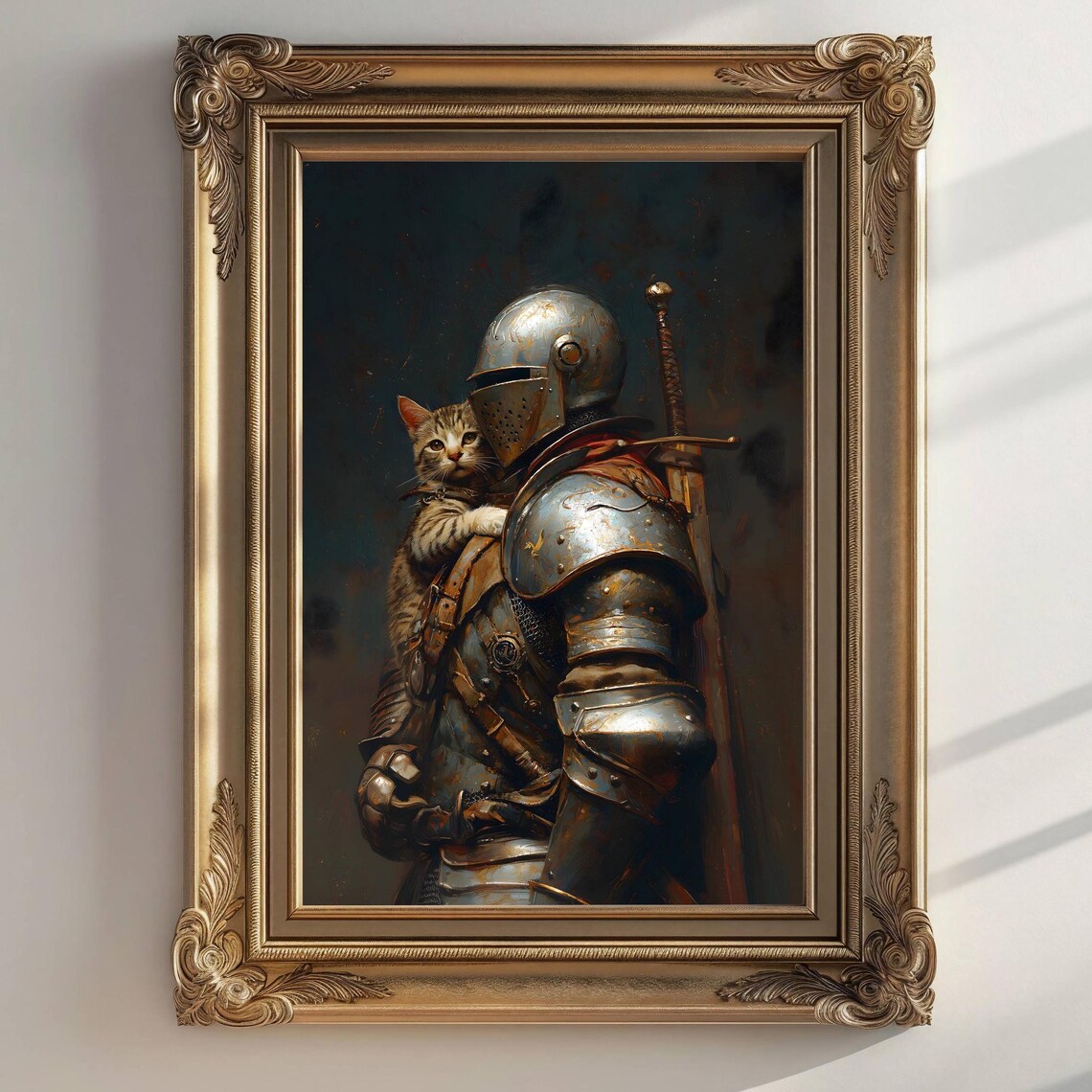 Medieval Knight With a Cat, Dark Academia Art Print - Image 3