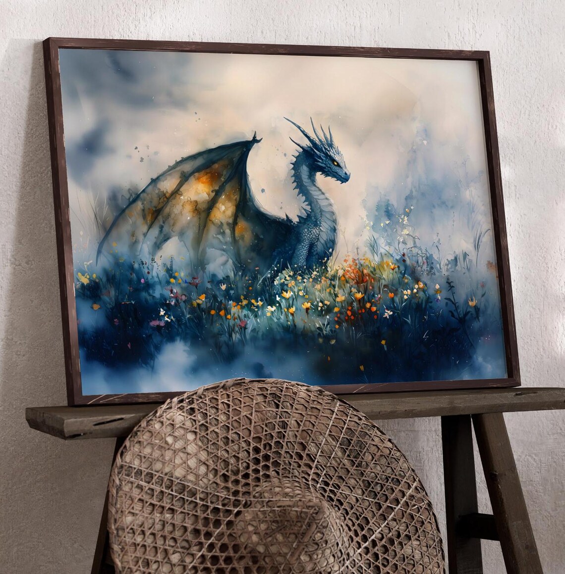 Majestic Blue Dragon In Misty Wildflower Forest Fantasy Watercolor Poster - Image 2
