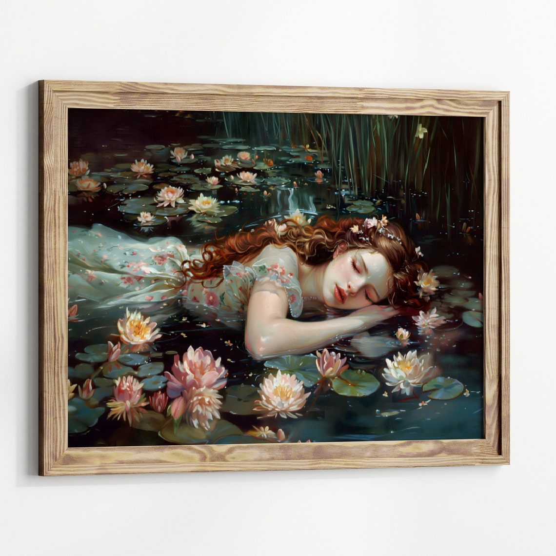 Ophelia Sleeping Water Lilies Pond Red Hair Dark Romantic Print - Image 2