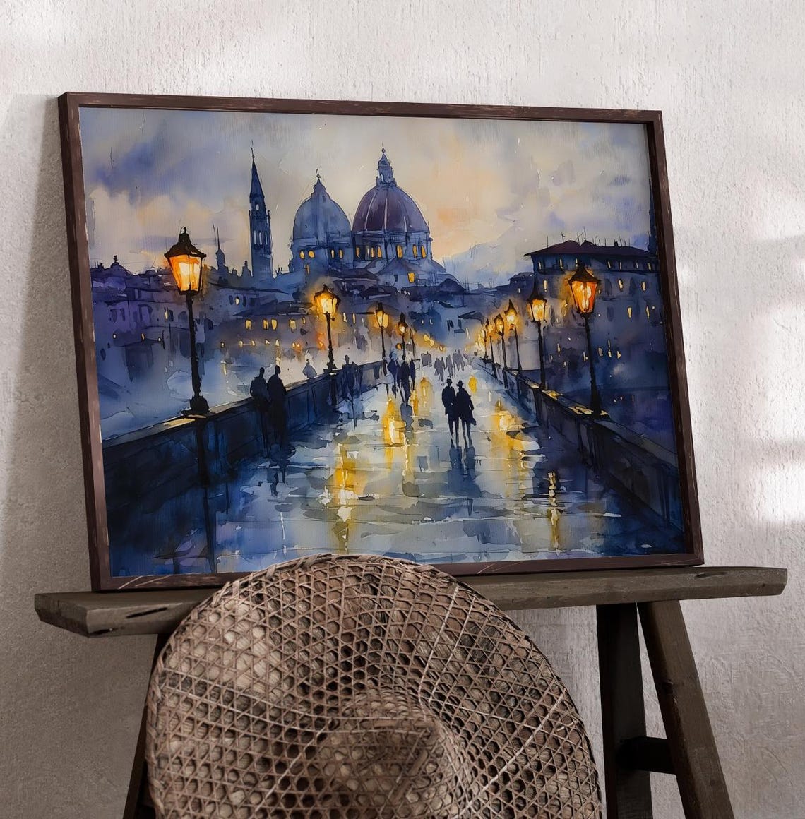 Florence Italy Duomo Dusk Bridge Lamplight Watercolor Travel Poster - Image 2