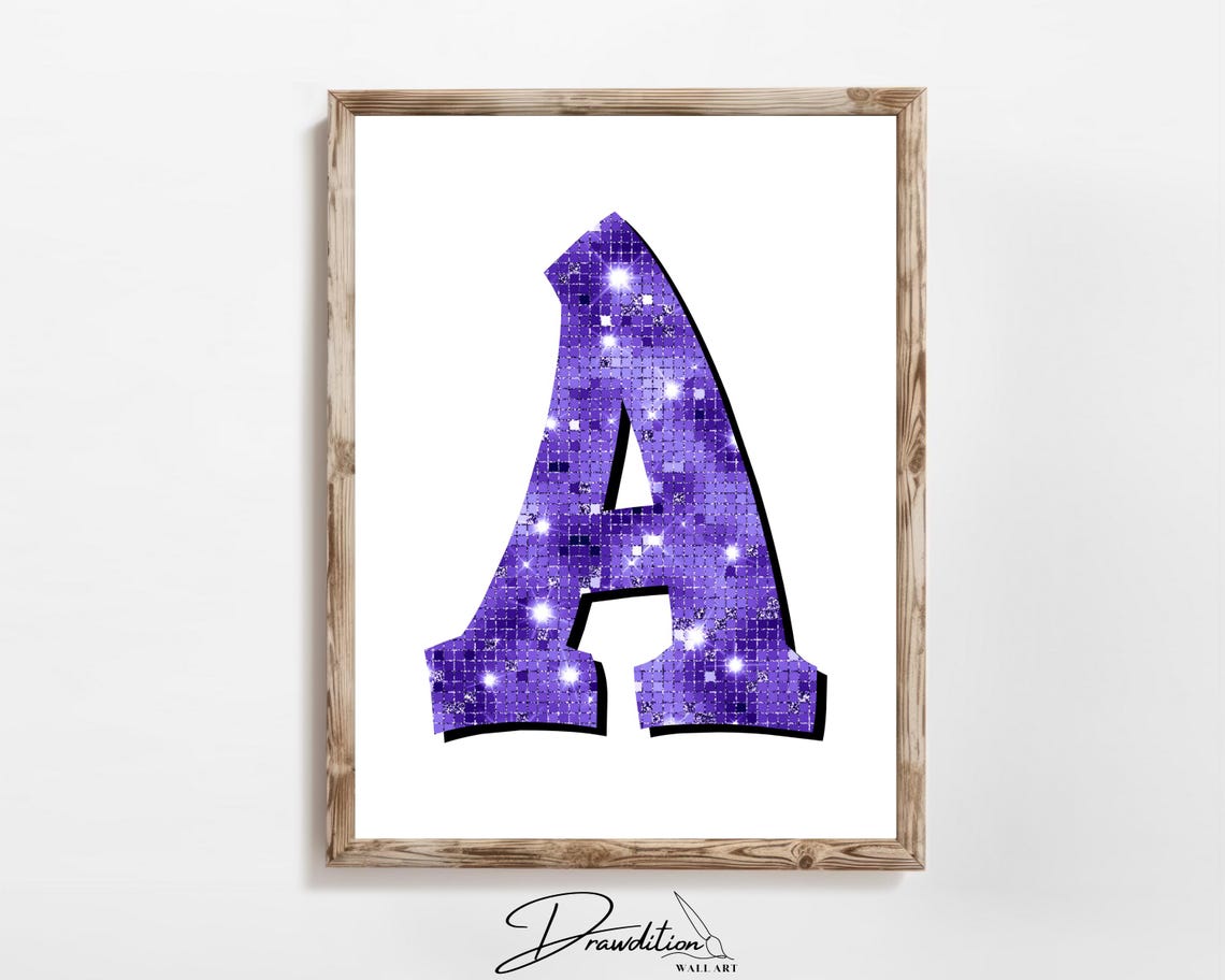 Purple Disco Letter A Glitter Sparkle Trendy Monogram Wall Art