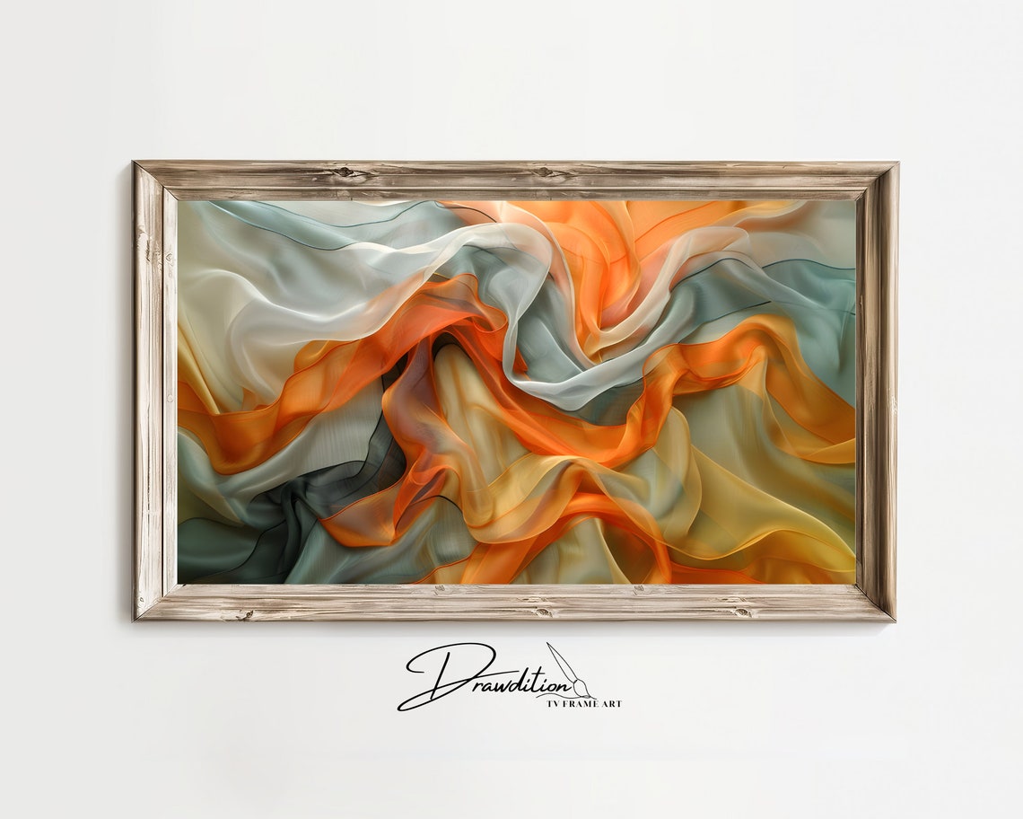 Orange Sage Cream Flowing Silk Fabric Waves Colorful Abstract Wall Art
