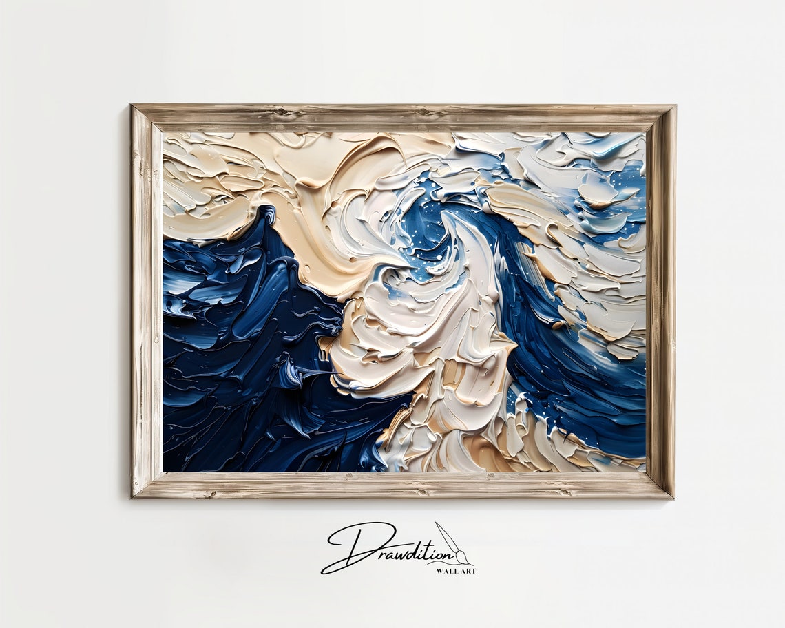 Navy Blue Beige Abstract Impasto Wave Textured Modern Wall Art