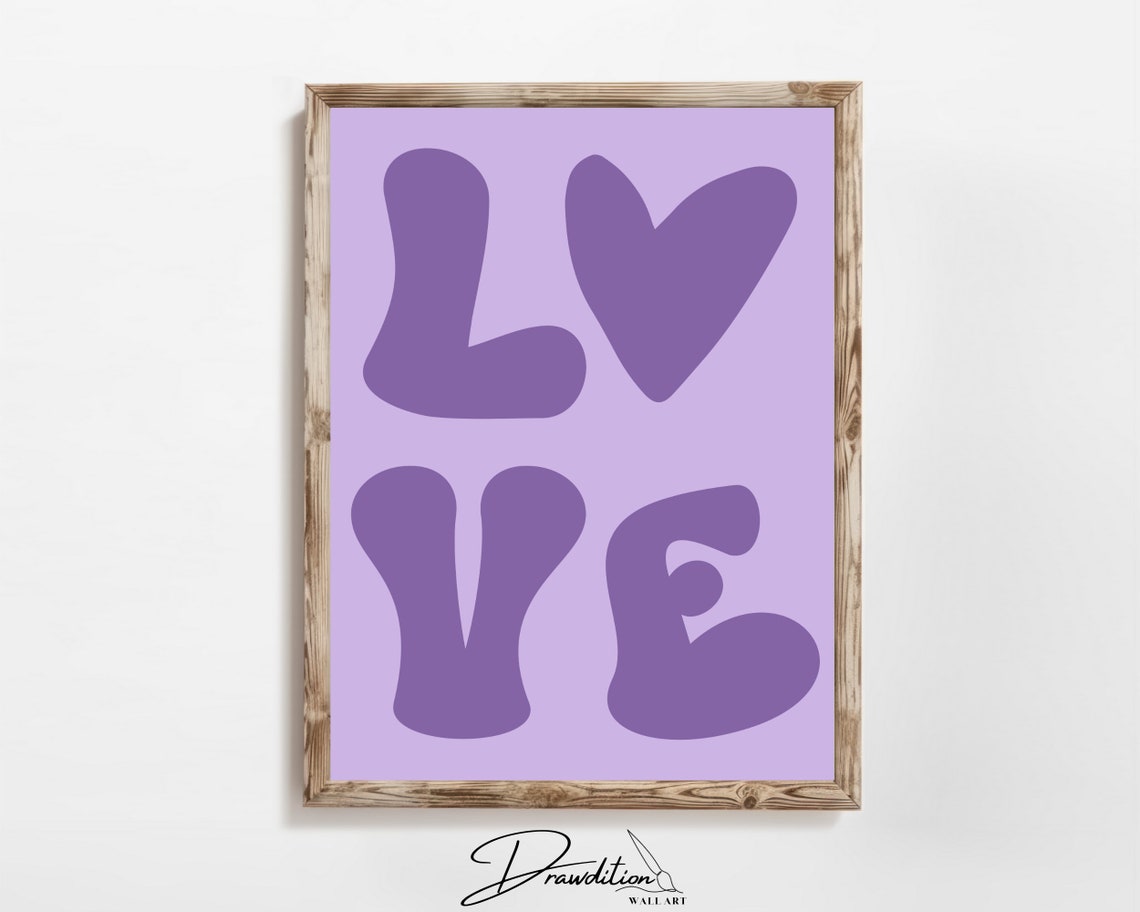 Purple Groovy Love Heart Typography Retro Lavender Dorm Wall Art