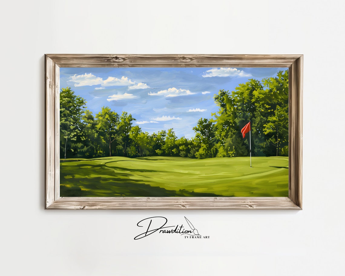 Golf Course Green With Red Flag Sunny Day Painting Sports Poster