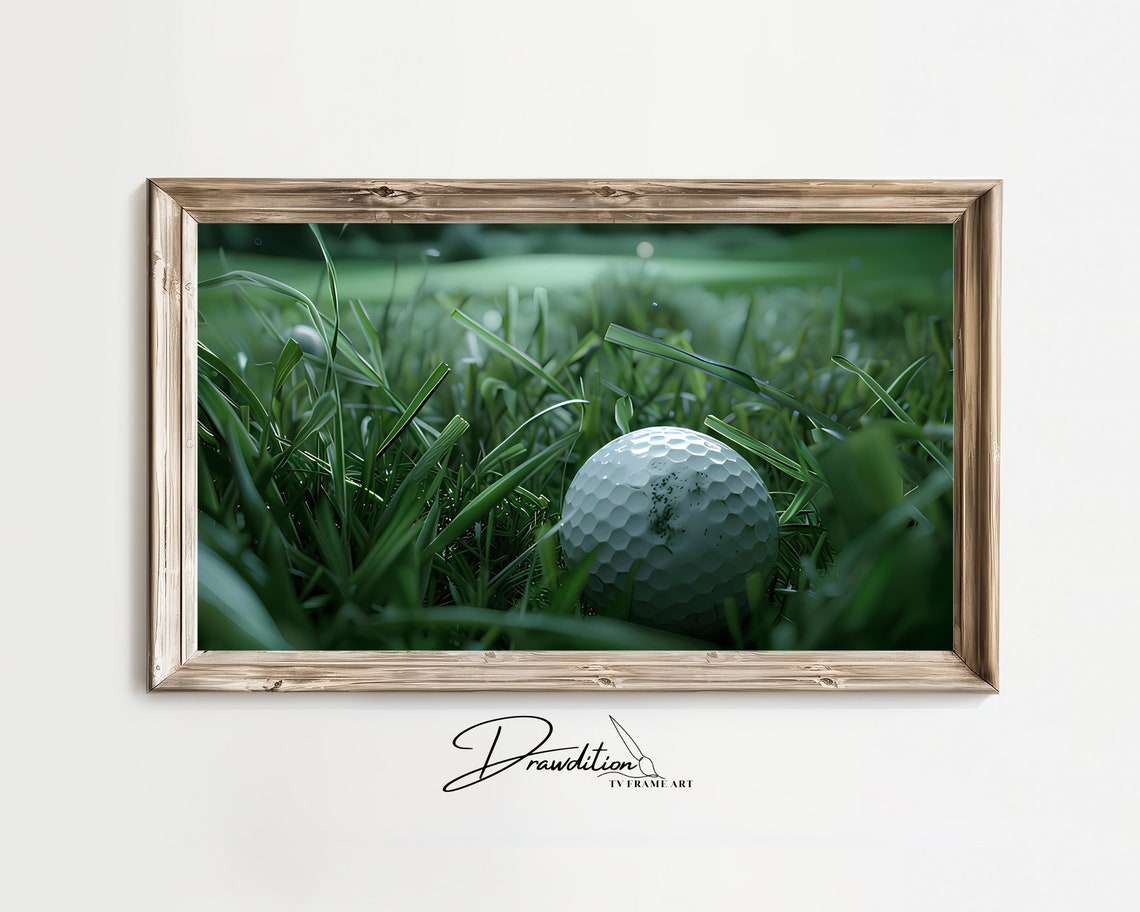 White Golf Ball on Green Grass Close-Up Sports Photography Print