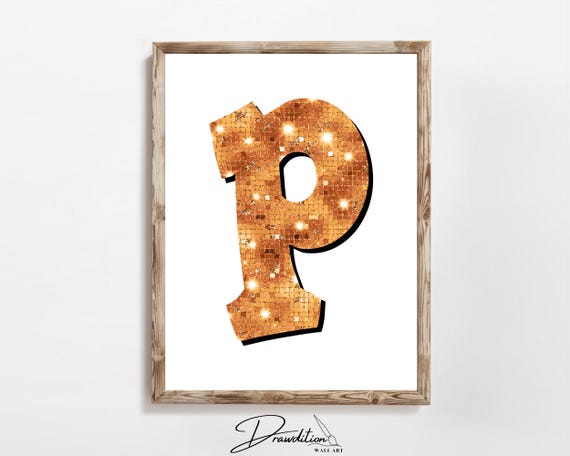 Disco Orange Letter P Print Orange Trendy Personalized Monogram Wall Art Disco Cowgirl Dorm Decor Preppy Poster Teen Room